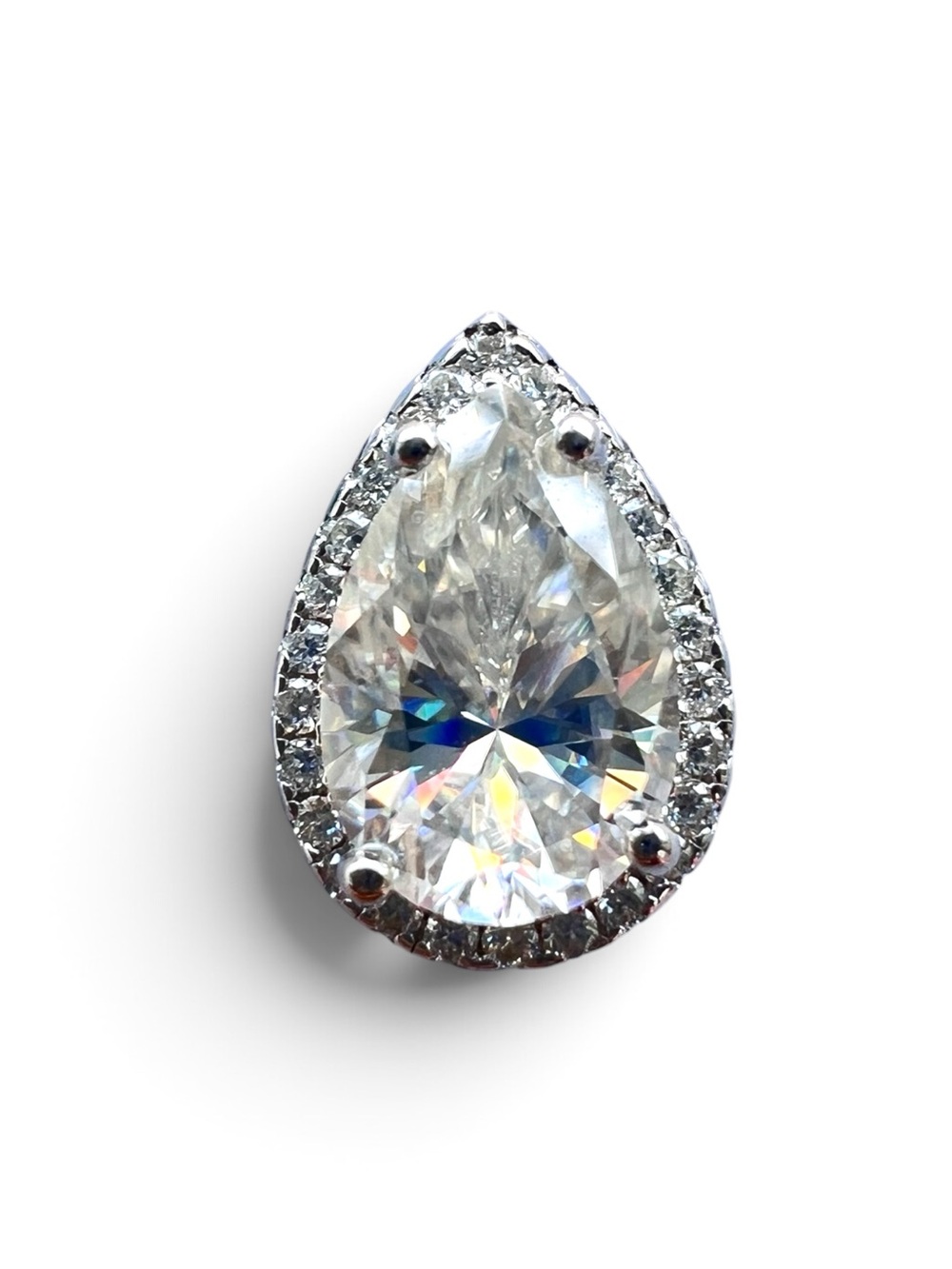 Sparkling Sterling Silver Pear-Cut Clear Moissanite Halo Pendant